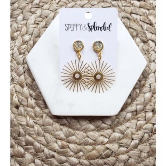 Brass Sun Beam Earrings Druzy Gold Finish Handmade - Picture 1 of 4